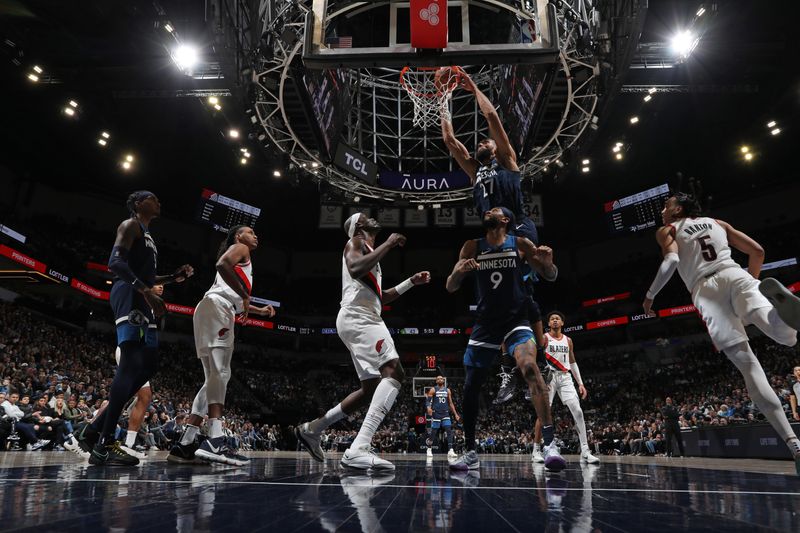 MINNEAPOLIS, MN -  MARCH 4: Rudy Gobert #27 of the Minnesota Timberwolves drives to the basket during the game against the Portland Trail Blazers on March 4, 2024 at Target Center in Minneapolis, Minnesota. NOTE TO USER: User expressly acknowledges and agrees that, by downloading and or using this Photograph, user is consenting to the terms and conditions of the Getty Images License Agreement. Mandatory Copyright Notice: Copyright 2024 NBAE (Photo by Jordan Johnson/NBAE via Getty Images)