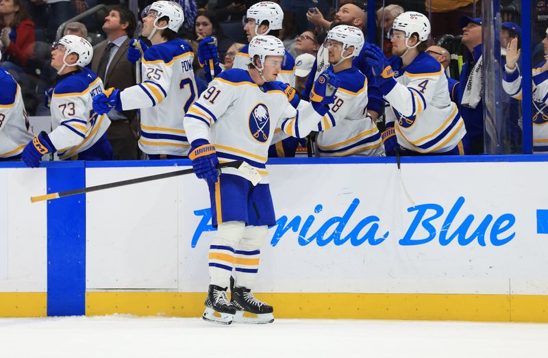 Feb 3, 2026; Tampa, Florida, USA; Buffalo Sabres right wing Josh Doan (91) is congratulated after he scored a goal against the Tampa Bay Lightning during the third period at Benchmark International Arena. Mandatory Credit: Kim Klement Neitzel-Imagn Images