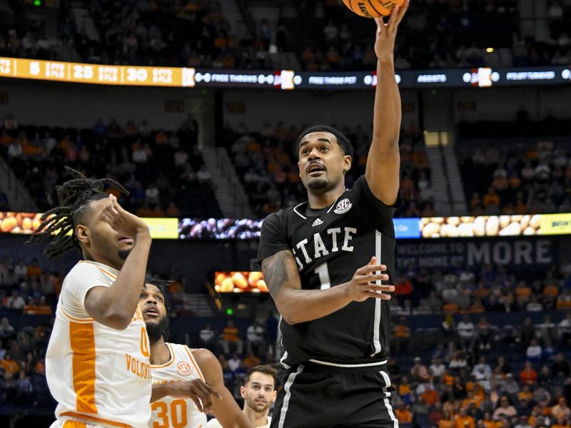 Mar 15, 2024; Nashville, TN, USA; Mississippi State Bulldogs forward Tolu Smith (1) shoots against the Tennessee Volunteers during the first half at Bridgestone Arena. Mandatory Credit: Steve Roberts-USA TODAY Sports