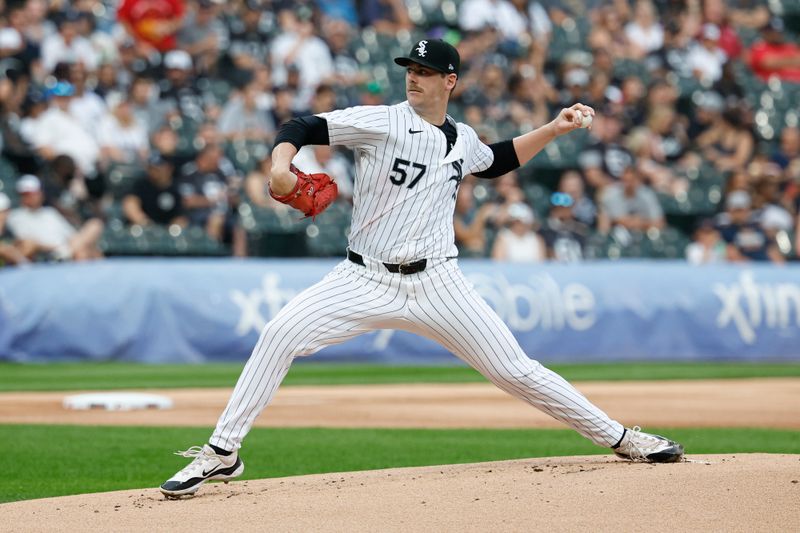 Aug 24, 2024; Chicago, Illinois, USA; Chicago White Sox starting pitcher Ky Bush (57) delivers a pitch against the Detroit Tigers during the first inning at Guaranteed Rate Field. Mandatory Credit: Kamil Krzaczynski-USA TODAY Sports