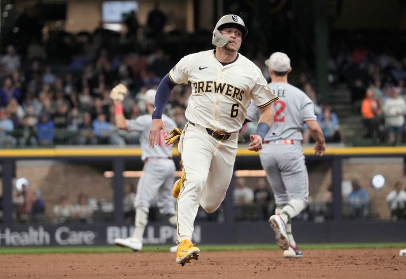 May 18, 2025; Milwaukee, Wisconsin, USA; Milwaukee Brewers outfielder Isaac Collins (6) runs to third base from first base against the Minnesota Twins in the third inning at American Family Field. Mandatory Credit: Michael McLoone-Imagn Images