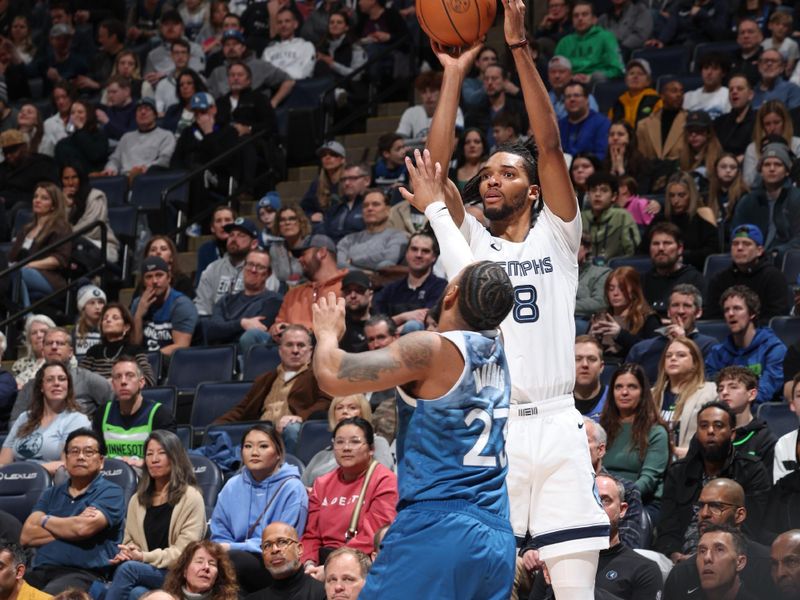 MINNEAPOLIS, MN -  FEBRUARY 28: Ziaire Williams #8 of the Memphis Grizzlies shoots a 3-point basket during the game  on February 28, 2024 at Target Center in Minneapolis, Minnesota. NOTE TO USER: User expressly acknowledges and agrees that, by downloading and or using this Photograph, user is consenting to the terms and conditions of the Getty Images License Agreement. Mandatory Copyright Notice: Copyright 2024 NBAE (Photo by David Sherman/NBAE via Getty Images)