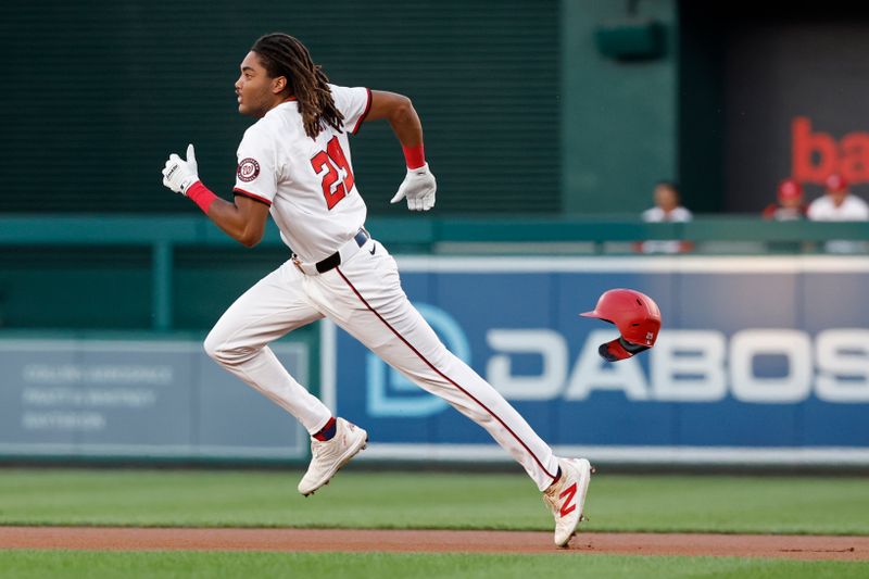 Sep 10, 2024; Washington, District of Columbia, USA; Washington Nationals outfielder James Wood (29) runs to second base after doubling against the Atlanta Braves during the first inning at Nationals Park. Mandatory Credit: Geoff Burke-Imagn Images