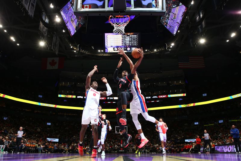 TORONTO, CANADA - NOVEMBER 15: RJ Barrett #9 of the Toronto Raptors drives to the basket during the game against the Detroit Pistons during the Emirates NBA Cup game on November 15, 2024 at the Scotiabank Arena in Toronto, Ontario, Canada.  NOTE TO USER: User expressly acknowledges and agrees that, by downloading and or using this Photograph, user is consenting to the terms and conditions of the Getty Images License Agreement.  Mandatory Copyright Notice: Copyright 2024 NBAE (Photo by Vaughn Ridley/NBAE via Getty Images)