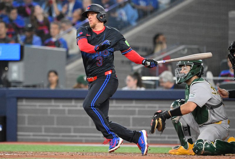 May 30, 2025; Toronto, Ontario, CAN; Toronto Blue Jays left fielder Myles Straw (3) bats against the Athletics in the fifth inning at Rogers Centre. Mandatory Credit: Dan Hamilton-Imagn Images