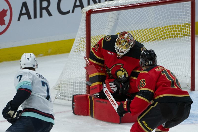 Oct 16, 2025; Ottawa, Ontario, CAN; Ottawa Senators goalie Linus Ullmark (35) makes a save on a shot from Seattle Kraken right wing Jordan Eberle (7) in the third period at the Canadian Tire Centre. Mandatory Credit: Marc DesRosiers-IMAGN Images
