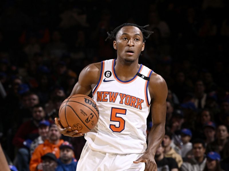 NEW YORK, NY - APRIL 9: Immanuel Quickley #5 of the New York Knicks dribbles the ball during the game against the Indiana Pacers on April 9, 2023 at Madison Square Garden in New York City, New York. NOTE TO USER: User expressly acknowledges and agrees that, by downloading and or using this photograph, User is consenting to the terms and conditions of the Getty Images License Agreement. Mandatory Copyright Notice: Copyright 2023 NBAE  (Photo by David Dow/NBAE via Getty Images)