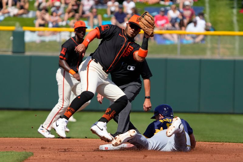 Mar 5, 2024; Scottsdale, Arizona, USA; San Francisco Giants second baseman Thairo Estrada (39) is too late with the tag on Milwaukee Brewers first baseman Jake Bauers (9) in the first inning at Scottsdale Stadium. Mandatory Credit: Rick Scuteri-USA TODAY Sports