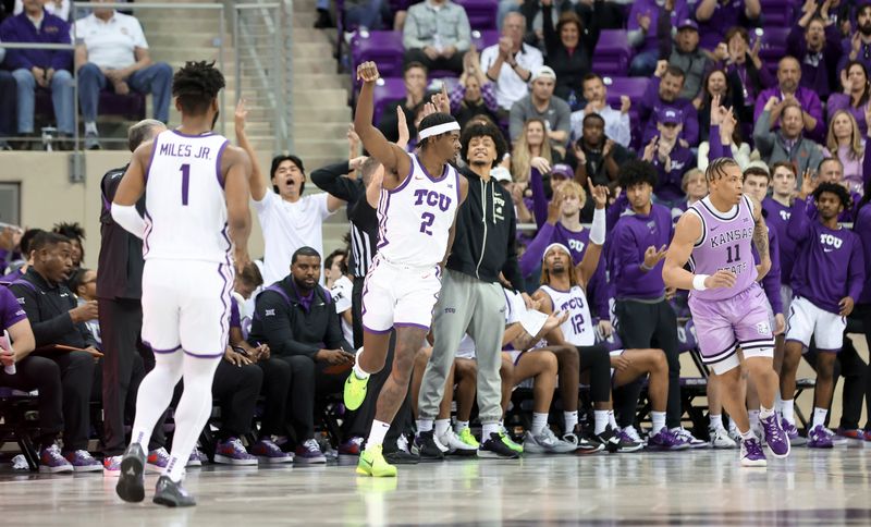 Jan 14, 2023; Fort Worth, Texas, USA;  TCU Horned Frogs forward Emanuel Miller (2) reacts after scoring during the second half against the Kansas State Wildcats at Ed and Rae Schollmaier Arena. Mandatory Credit: Kevin Jairaj-USA TODAY Sports