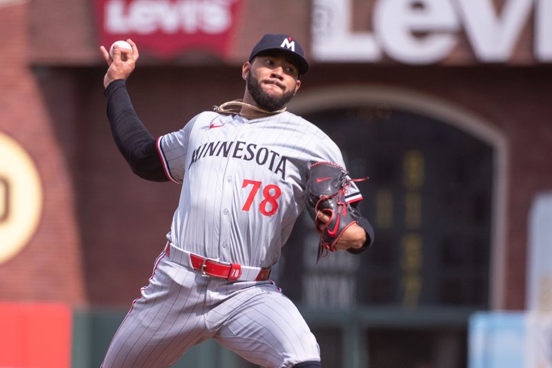Jul 13, 2024; San Francisco, California, USA; Minnesota Twins pitcher Simeon Woods Richardson (78) throws a pitch against the San Francisco Giants during the first inning at Oracle Park. Mandatory Credit: Ed Szczepanski-USA TODAY Sports