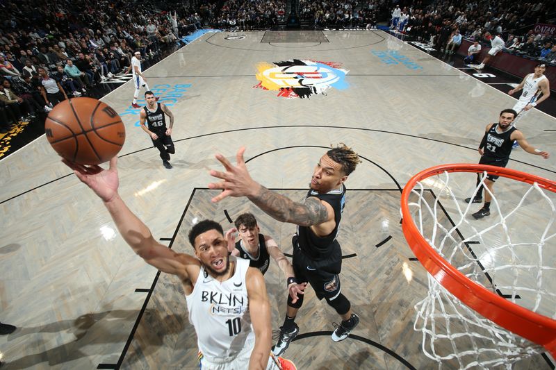 BROOKLYN, NY - NOVEMBER 20: Ben Simmons #10 of the Brooklyn Nets drives to the basket during the game against the Memphis Grizzlies on November 20, 2022 at Barclays Center in Brooklyn, New York. NOTE TO USER: User expressly acknowledges and agrees that, by downloading and or using this Photograph, user is consenting to the terms and conditions of the Getty Images License Agreement. Mandatory Copyright Notice: Copyright 2022 NBAE (Photo by Nathaniel S. Butler/NBAE via Getty Images)