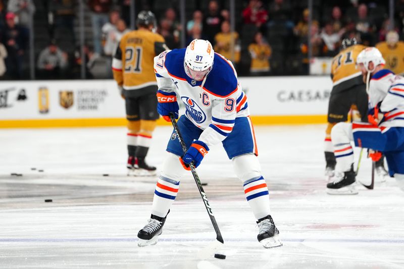 Dec 3, 2024; Las Vegas, Nevada, USA; Edmonton Oilers center Connor McDavid (97) warms up before a game against the Vegas Golden Knights at T-Mobile Arena. Mandatory Credit: Stephen R. Sylvanie-Imagn Images