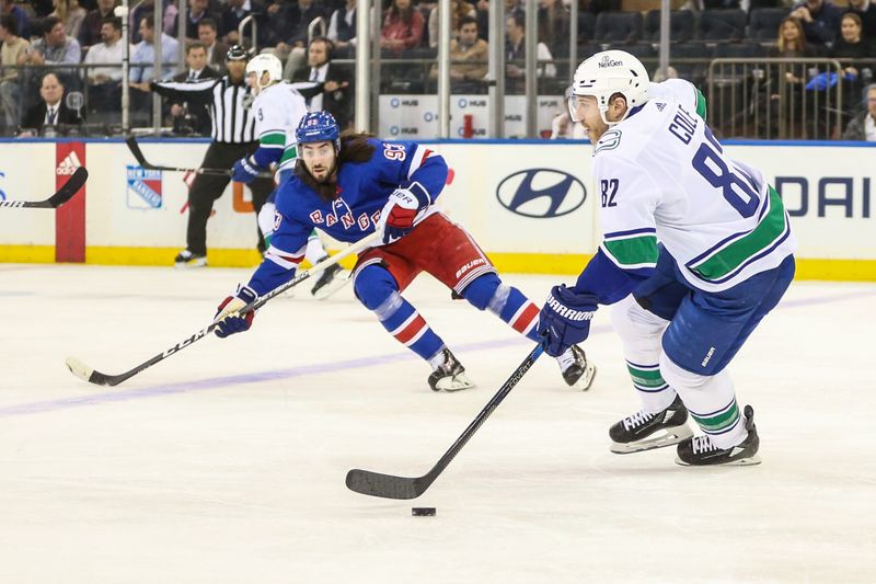 Jan 8, 2024; New York, New York, USA;  Vancouver Canucks defenseman Ian Cole (82) attempts to skate past New York Rangers center Mika Zibanejad (93) in the first period at Madison Square Garden. Mandatory Credit: Wendell Cruz-USA TODAY Sports