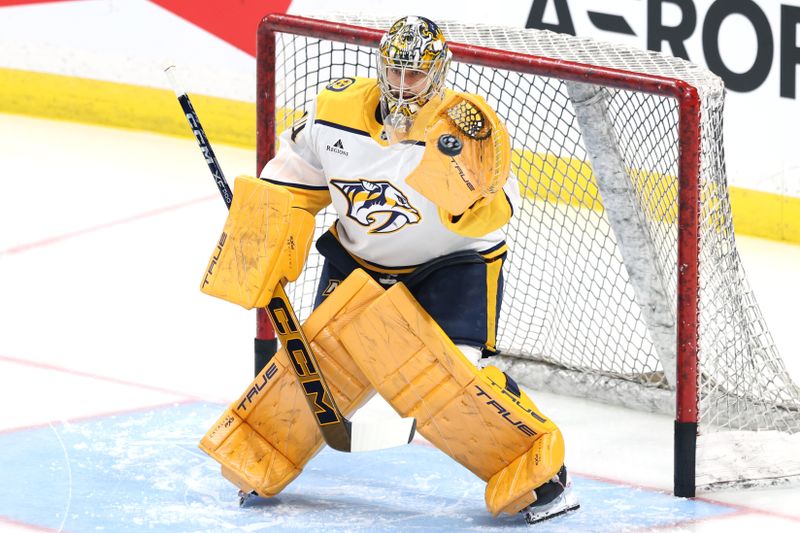 Jan 7, 2025; Winnipeg, Manitoba, CAN; Nashville Predators goaltender Juuse Saros (74) warms up before a game against the Winnipeg Jets at Canada Life Centre. Mandatory Credit: James Carey Lauder-Imagn Images