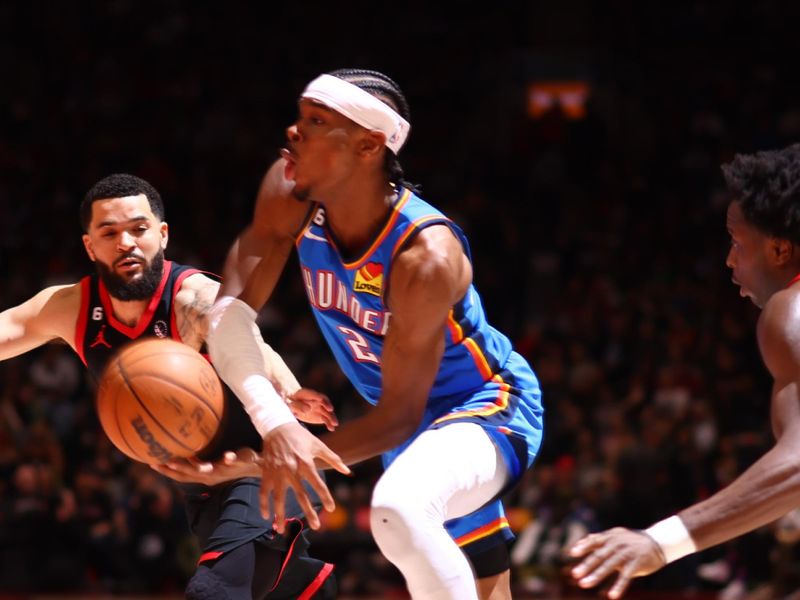 TORONTO, CANADA - MARCH 16:  Shai Gilgeous-Alexander #2 of the Oklahoma City Thunder goes to the basket during the game on March 16, 2023 at the Scotiabank Arena in Toronto, Ontario, Canada.  NOTE TO USER: User expressly acknowledges and agrees that, by downloading and or using this Photograph, user is consenting to the terms and conditions of the Getty Images License Agreement.  Mandatory Copyright Notice: Copyright 2023 NBAE (Photo by Vaughn Ridley/NBAE via Getty Images)