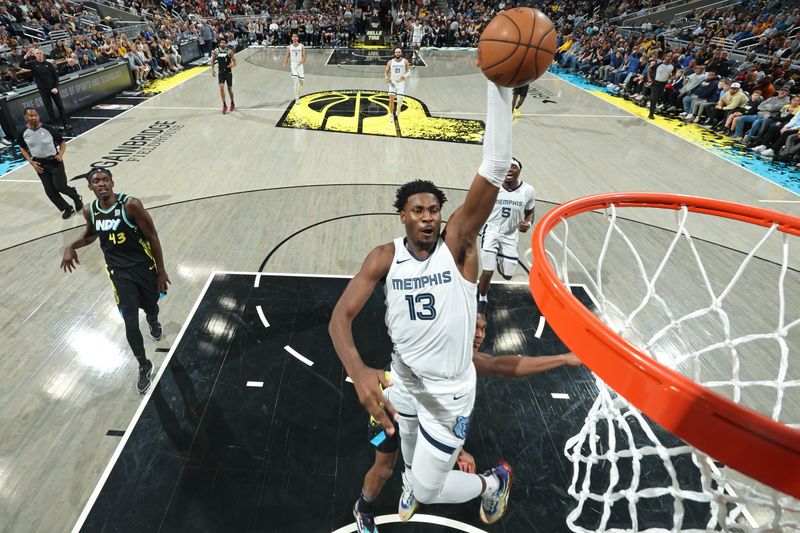 INDIANAPOLIS, IN - JANUARY 28: Jaren Jackson Jr. #13 of the Memphis Grizzlies dunks the ball during the game against the Indiana Pacers on January 28, 2024 at Gainbridge Fieldhouse in Indianapolis, Indiana. NOTE TO USER: User expressly acknowledges and agrees that, by downloading and or using this Photograph, user is consenting to the terms and conditions of the Getty Images License Agreement. Mandatory Copyright Notice: Copyright 2024 NBAE (Photo by Jeff Haynes/NBAE via Getty Images)