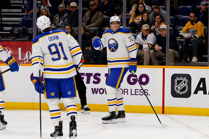 Jan 20, 2026; Nashville, Tennessee, USA;  Buffalo Sabres center Tage Thompson (72) celebrates with his teammates after scoring a goal against the Nashville Predators during the second period at Bridgestone Arena. Mandatory Credit: Steve Roberts-Imagn Images