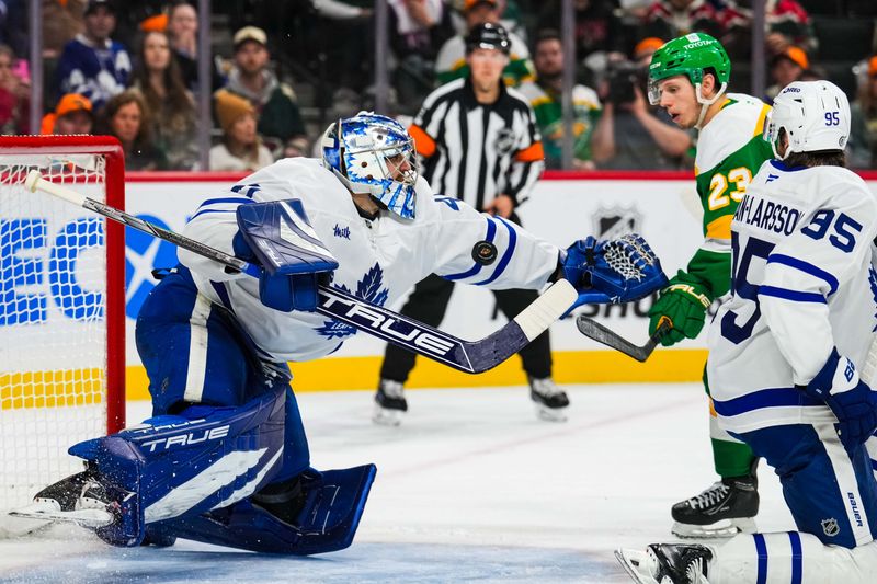 Nov 3, 2024; Saint Paul, Minnesota, USA; Toronto Maple Leafs goaltender Anthony Stolarz (41) makes a save during the second period against the Minnesota Wild at Xcel Energy Center. Mandatory Credit: Brace Hemmelgarn-Imagn Images