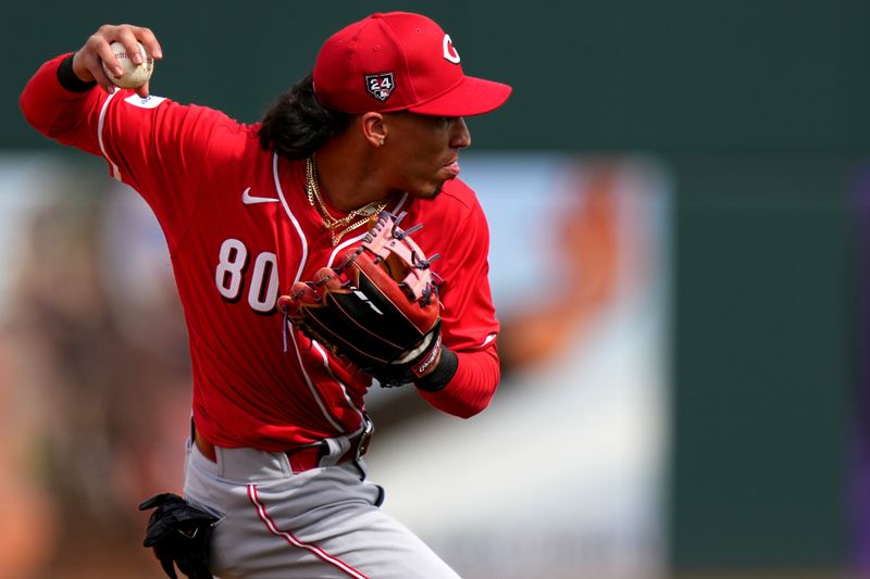 Feb. 24, 2024; Goodyear, Arizona, USA; Cincinnati Reds shortstop Edwin Arroyo throws to first base after fielding a ground ball in the fifth inning during a MLB spring training baseball game against the Cleveland Guardians at Goodyear Ballpark. Mandatory Credit: Kareem Elgazzar-USA TODAY Sports