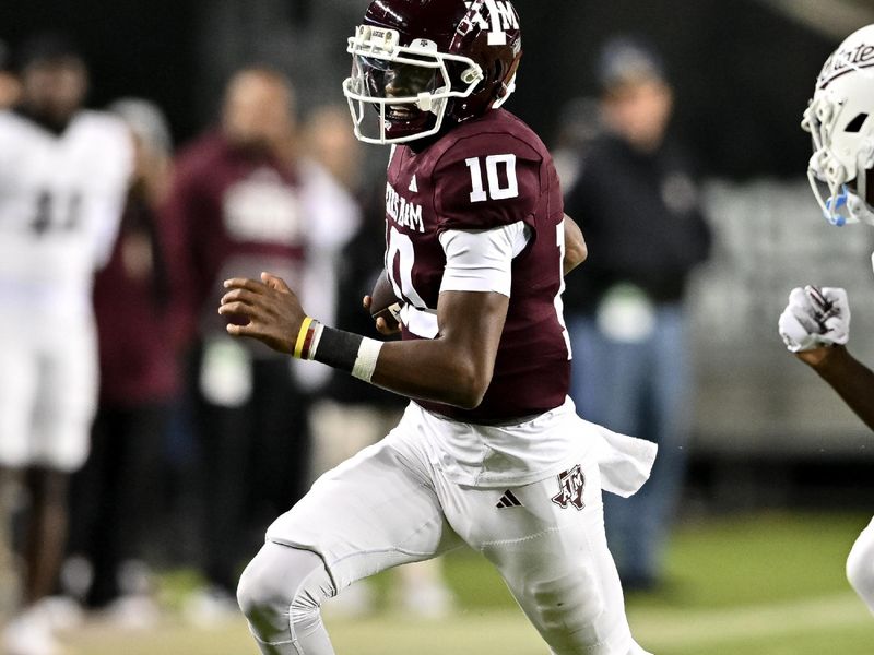 Nov 11, 2023; College Station, Texas, USA; Texas A&M Aggies quarterback Marcel Reed (10) runs the ball during the fourth quarter against the Mississippi State Bulldogs at Kyle Field. Mandatory Credit: Maria Lysaker-USA TODAY Sports