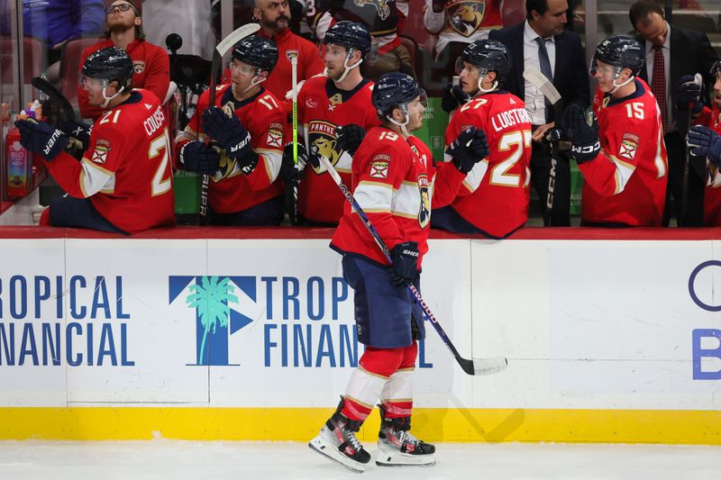 Feb 27, 2024; Sunrise, Florida, USA; Florida Panthers left wing Matthew Tkachuk (19) celebrates with teammates after scoring against the Buffalo Sabres during the first period at Amerant Bank Arena. Mandatory Credit: Sam Navarro-USA TODAY Sports