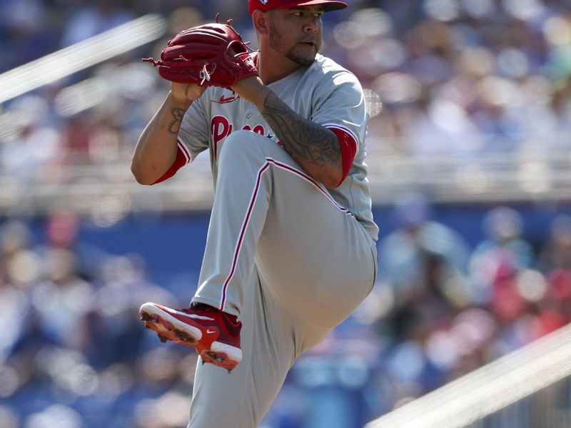 Mar 4, 2024; Dunedin, Florida, USA;  Philadelphia Phillies pitcher Jose Ruiz (66) throws a pitch against the Toronto Blue Jays in the fourth inning at TD Ballpark. Mandatory Credit: Nathan Ray Seebeck-USA TODAY Sports