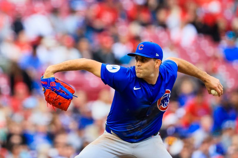 May 23, 2025; Cincinnati, Ohio, USA; Chicago Cubs starting pitcher Matthew Boyd (16) pitches against the Cincinnati Reds in the second inning at Great American Ball Park. Mandatory Credit: Katie Stratman-Imagn Images