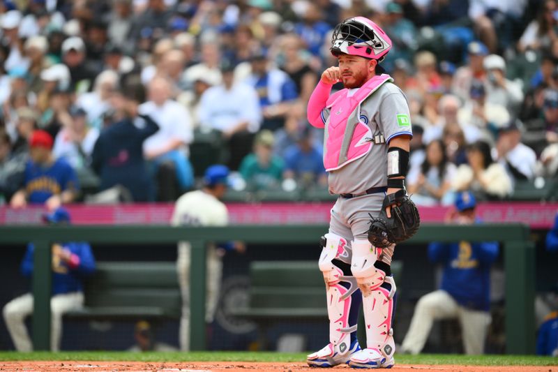 May 11, 2025; Seattle, Washington, USA; Toronto Blue Jays catcher Alejandro Kirk (30) wears all pink during the game against the Seattle Mariners at T-Mobile Park. Mandatory Credit: Steven Bisig-Imagn Images