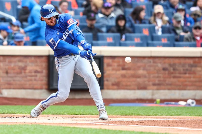 Apr 13, 2024; New York City, New York, USA;  Kansas City Royals shortstop Bobby Witt Jr. (7) hits a single in the first inning against the New York Mets at Citi Field. Mandatory Credit: Wendell Cruz-USA TODAY Sports