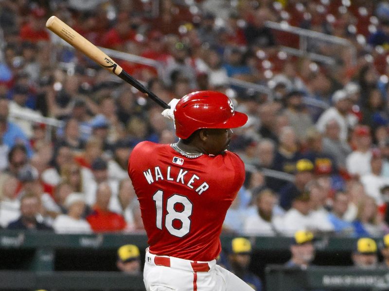 Sep 19, 2025; St. Louis, Missouri, USA;  St. Louis Cardinals right fielder Jordan Walker (18) hits a one run single against the Milwaukee Brewers during the fifth inning at Busch Stadium. Mandatory Credit: Jeff Curry-Imagn Images