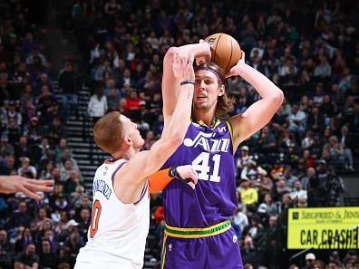 SALT LAKE CITY, UT - DECEMBER 13:  Kelly Olynyk #41 of the Utah Jazz handles the ball during the game  on December 13, 2023 at vivint.SmartHome Arena in Salt Lake City, Utah. NOTE TO USER: User expressly acknowledges and agrees that, by downloading and or using this Photograph, User is consenting to the terms and conditions of the Getty Images License Agreement. Mandatory Copyright Notice: Copyright 2023 NBAE (Photo by Melissa Majchrzak/NBAE via Getty Images)