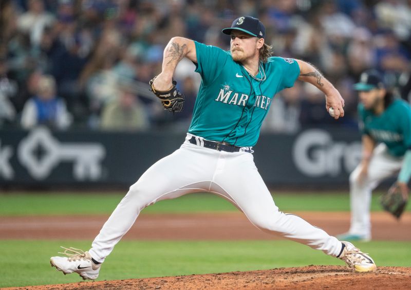 Sep 30, 2023; Seattle, Washington, USA; Seattle Mariners reliever delivers a pitch during the fifth inning against the Texas Rangers at T-Mobile Park. Mandatory Credit: Stephen Brashear-USA TODAY Sports