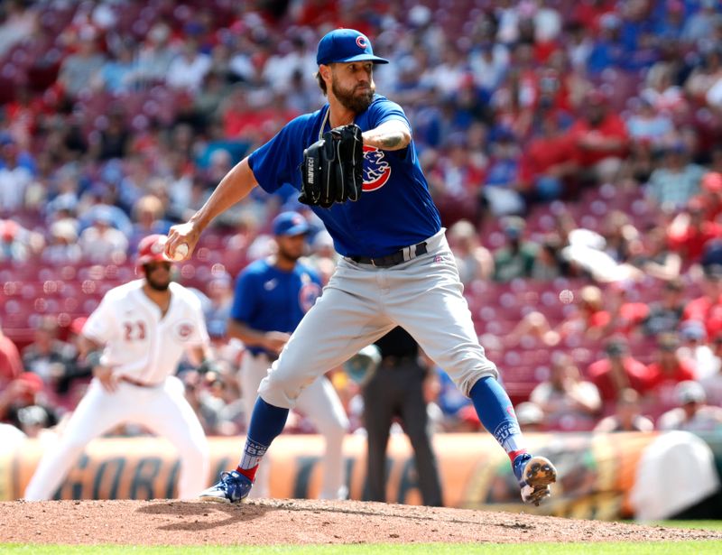 Sep 3, 2023; Cincinnati, Ohio, USA; Chicago Cubs relief pitcher Shane Greene throws against the Cincinnati Reds during the ninth inning at Great American Ball Park. Mandatory Credit: David Kohl-USA TODAY Sports