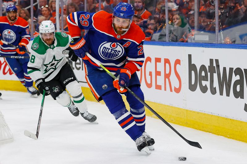 May 27, 2024; Edmonton, Alberta, CAN; Edmonton Oilers forward Leon Draisaitl (29) looks to make a pass in front of Dallas Stars forward Sam Steel (18) during the first period in game three of the Western Conference Final of the 2024 Stanley Cup Playoffs at Rogers Place. Mandatory Credit: Perry Nelson-USA TODAY Sports