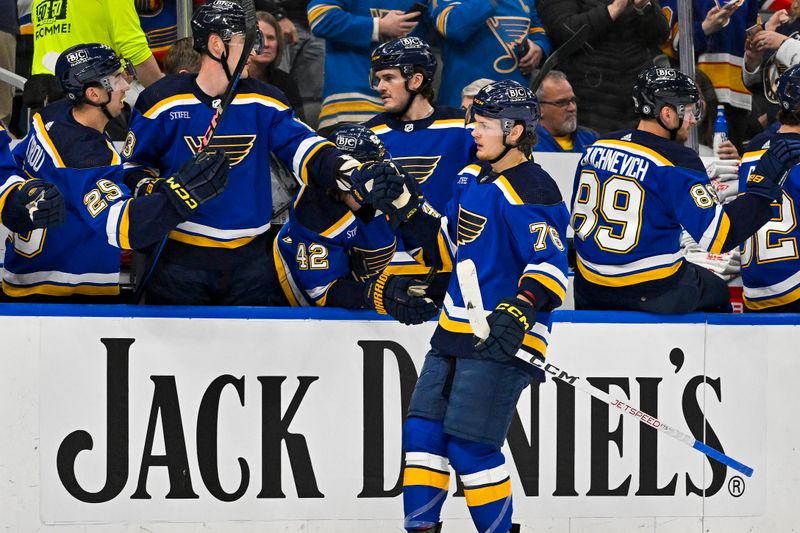 Apr 10, 2024; St. Louis, Missouri, USA;  St. Louis Blues center Zack Bolduc (76) is congratulated by teammates after scoring against the Chicago Blackhawks during the first period at Enterprise Center. Mandatory Credit: Jeff Curry-USA TODAY Sports