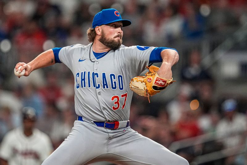 Sep 10, 2025; Cumberland, Georgia, USA; Chicago Cubs relief pitcher Porter Hodge (37) pitches against the Atlanta Braves during the sixth inning at Truist Park. Mandatory Credit: Dale Zanine-Imagn Images
