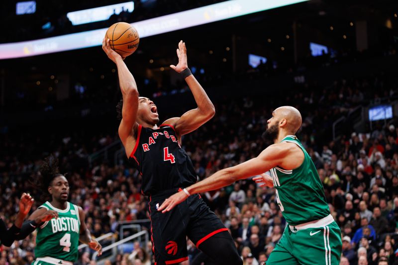 TORONTO, CANADA - JANUARY 15: Scottie Barnes #4 of the Toronto Raptors puts up a shot over Derrick White #9 of the Boston Celtics during the second half of their NBA game at Scotiabank Arena on January 15, 2024 in Toronto, Canada. NOTE TO USER: User expressly acknowledges and agrees that, by downloading and or using this photograph, User is consenting to the terms and conditions of the Getty Images License Agreement. (Photo by Cole Burston/Getty Images)