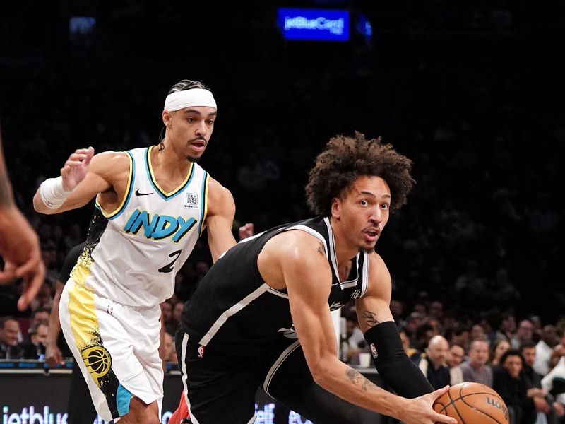 BROOKLYN, NY - January 6: Jalen Wilson #22 of the Brooklyn Nets drives to the basket during the game against the Indiana Pacers on January 6, 2025 at Barclays Center in Brooklyn, New York. NOTE TO USER: User expressly acknowledges and agrees that, by downloading and or using this Photograph, user is consenting to the terms and conditions of the Getty Images License Agreement. Mandatory Copyright Notice: Copyright 2025 NBAE (Photo by Catalina Fragoso/NBAE via Getty Images)