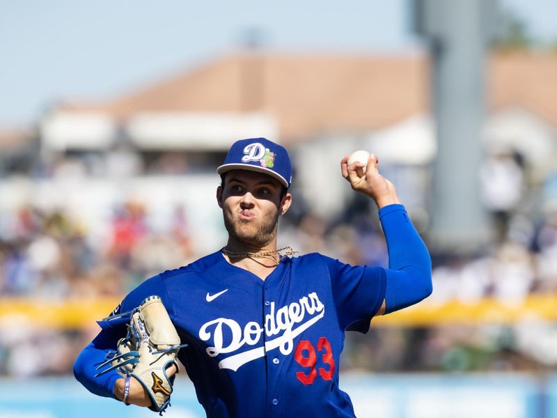Feb 22, 2026; Peoria, Arizona, USA; Los Angeles Dodgers pitcher Jackson Ferris against the San Diego Padres during a spring training game at Peoria Sports Complex. Mandatory Credit: Mark J. Rebilas-Imagn Images