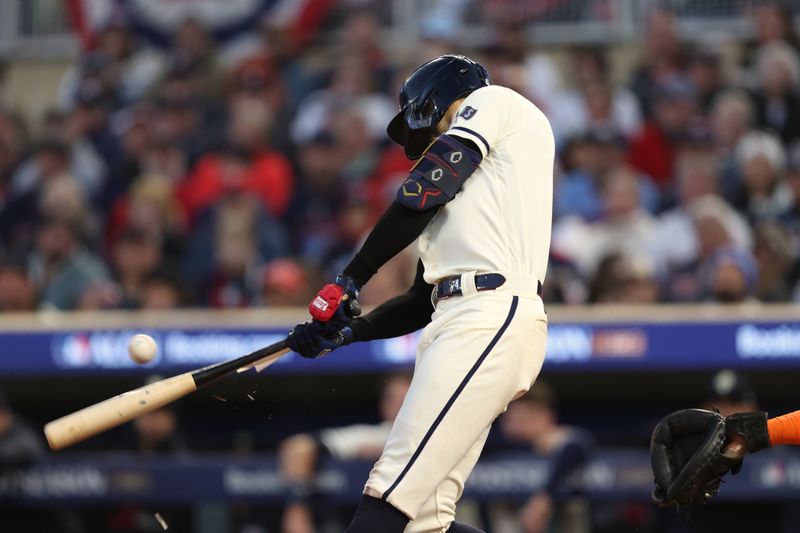 Oct 11, 2023; Minneapolis, Minnesota, USA;Minnesota Twins shortstop Carlos Correa (4) breaks his bat in the second inning against the Houston Astros during game four of the ALDS for the 2023 MLB playoffs at Target Field. Mandatory Credit: Jesse Johnson-USA TODAY Sports