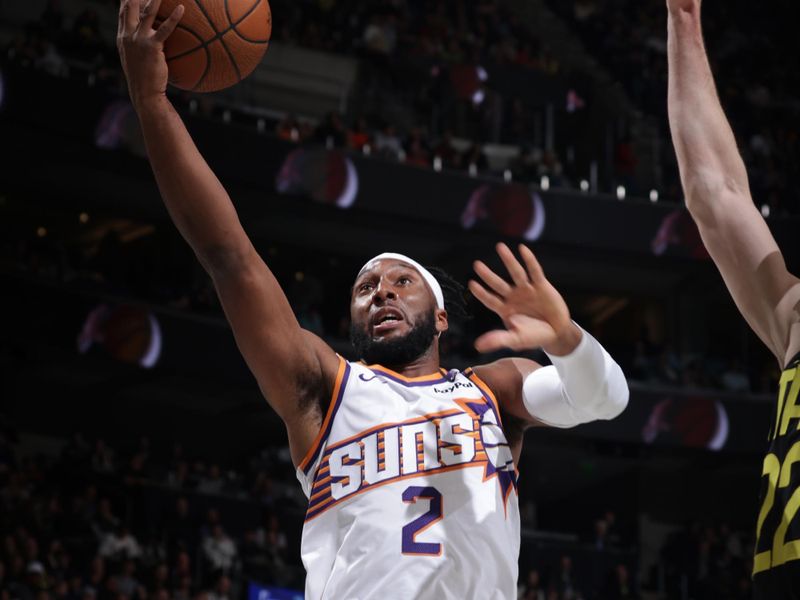 SALT LAKE CITY, UT - NOVEMBER 12: Josh Okogie #2 of the Phoenix Suns drives to the basket during the game against the Utah Jazz during the Emirates NBA Cup game on November 12, 2024 at vivint.SmartHome Arena in Salt Lake City, Utah. NOTE TO USER: User expressly acknowledges and agrees that, by downloading and or using this Photograph, User is consenting to the terms and conditions of the Getty Images License Agreement. Mandatory Copyright Notice: Copyright 2024NBAE (Photo by Melissa Majchrzak/NBAE via Getty Images)