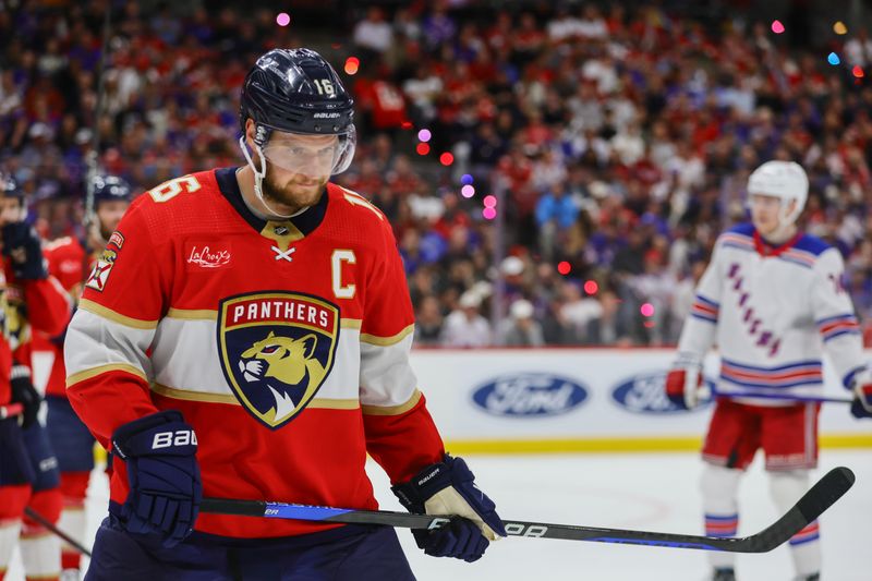 May 28, 2024; Sunrise, Florida, USA; Florida Panthers center Aleksander Barkov (16) looks on against the New York Rangers during the third period in game four of the Eastern Conference Final of the 2024 Stanley Cup Playoffs at Amerant Bank Arena. Mandatory Credit: Sam Navarro-USA TODAY Sports