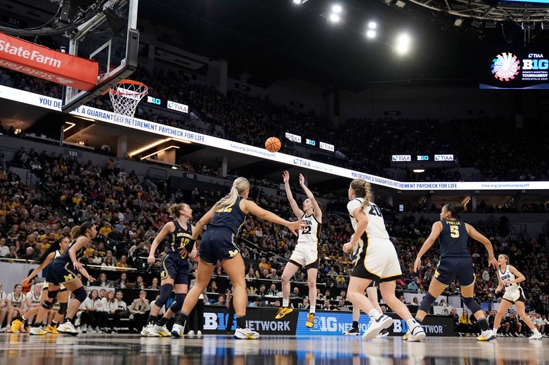 Mar 9, 2024; Minneapolis, MN, USA;  Iowa Hawkeyes guard Caitlin Clark (22) hits a jump-shot against the Michigan Wolverines during the second half of a Big Ten Women's Basketball tournament semifinal at Target Center. Mandatory Credit: Nick Wosika-USA TODAY Sports