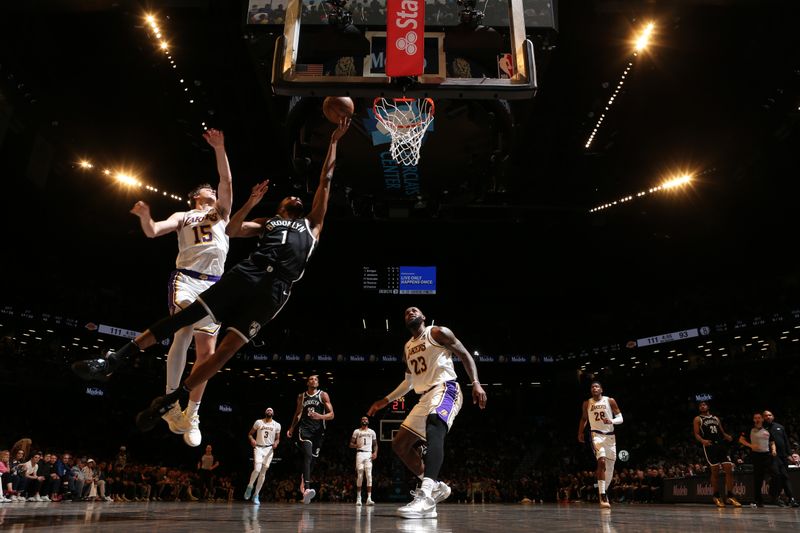 BROOKLYN, NY - MARCH 31: Mikal Bridges #1 of the Brooklyn Nets goes to the basket during the game on March 31, 2024 at Barclays Center in Brooklyn, New York. NOTE TO USER: User expressly acknowledges and agrees that, by downloading and or using this Photograph, user is consenting to the terms and conditions of the Getty Images License Agreement. Mandatory Copyright Notice: Copyright 2024 NBAE (Photo by Nathaniel S. Butler/NBAE via Getty Images)