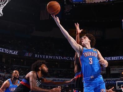 OKLAHOMA CITY, OK - OCTOBER 30:  Josh Giddey #3 of the Oklahoma City Thunder drives to the basket during the game against the Detroit Pistons on October 30, 2023 at Paycom Arena in Oklahoma City, Oklahoma. NOTE TO USER: User expressly acknowledges and agrees that, by downloading and or using this photograph, User is consenting to the terms and conditions of the Getty Images License Agreement. Mandatory Copyright Notice: Copyright 2023 NBAE (Photo by Zach Beeker/NBAE via Getty Images)