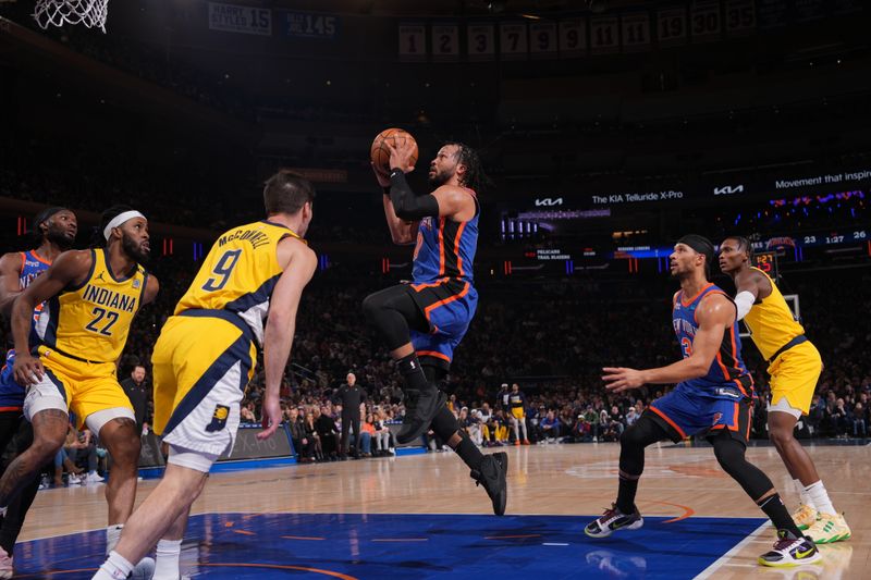 NEW YORK, NY - FEBRUARY 10: Jalen Brunson #11 of the New York Knicks drives to the basket during the game against the Indiana Pacers on February 10, 2024 at Madison Square Garden in New York City, New York.  NOTE TO USER: User expressly acknowledges and agrees that, by downloading and or using this photograph, User is consenting to the terms and conditions of the Getty Images License Agreement. Mandatory Copyright Notice: Copyright 2024 NBAE  (Photo by Jesse D. Garrabrant/NBAE via Getty Images)