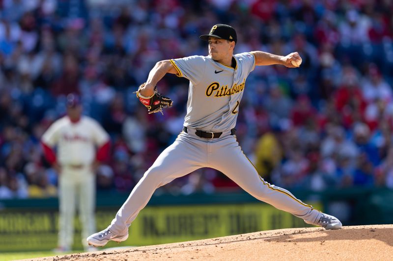 Apr 13, 2024; Philadelphia, Pennsylvania, USA; Pittsburgh Pirates pitcher Marco Gonzales (27) throws a pitch during the first inning against the Philadelphia Phillies at Citizens Bank Park. Mandatory Credit: Bill Streicher-USA TODAY Sports