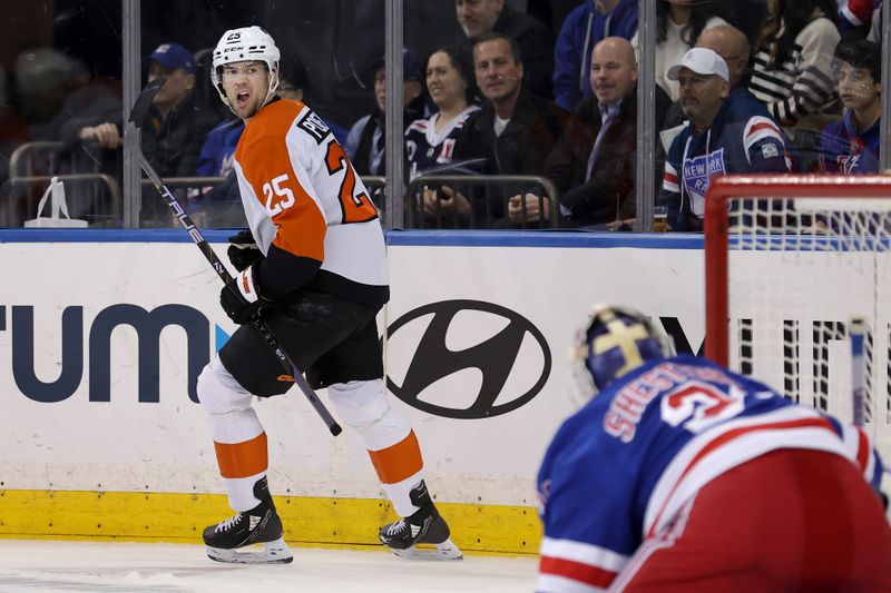 Mar 26, 2024; New York, New York, USA; Philadelphia Flyers center Ryan Poehling (25) celebrates his goal against New York Rangers goaltender Igor Shesterkin (31) during the second period at Madison Square Garden. Mandatory Credit: Brad Penner-USA TODAY Sports