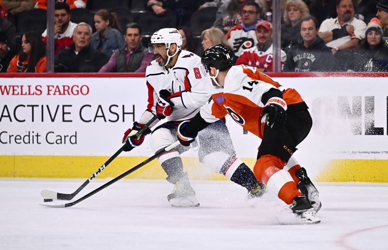 Dec 14, 2023; Philadelphia, Pennsylvania, USA; Washington Capitals left wing Alex Ovechkin (8) controls the puck against Philadelphia Flyers center Sean Couturier (14) in the second period at Wells Fargo Center. Mandatory Credit: Kyle Ross-USA TODAY Sports