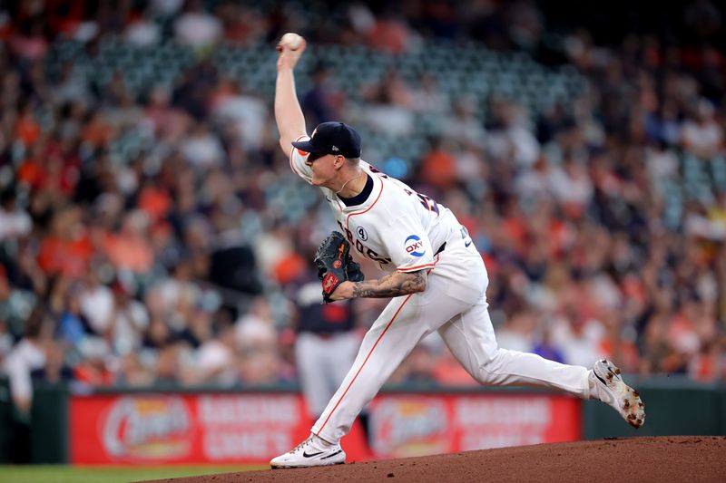 Jun 2, 2024; Houston, Texas, USA; Houston Astros starting pitcher Hunter Brown (58) delivers a pitch against the Minnesota Twins during the first inning at Minute Maid Park. Mandatory Credit: Erik Williams-USA TODAY Sports